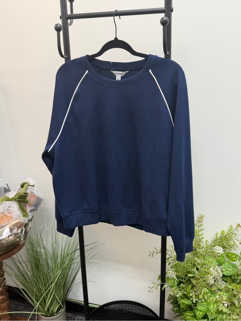 SPANX Navy Crewneck Sweatshirt with White Piping NWT